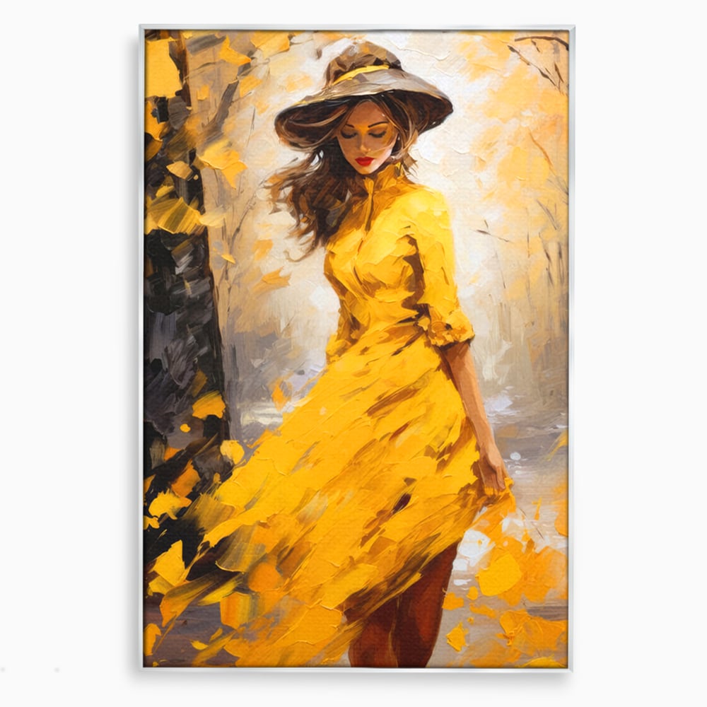 Tablou canvas cu tablou canvas cu femeie in galben, in rama de aluminiu argintiu